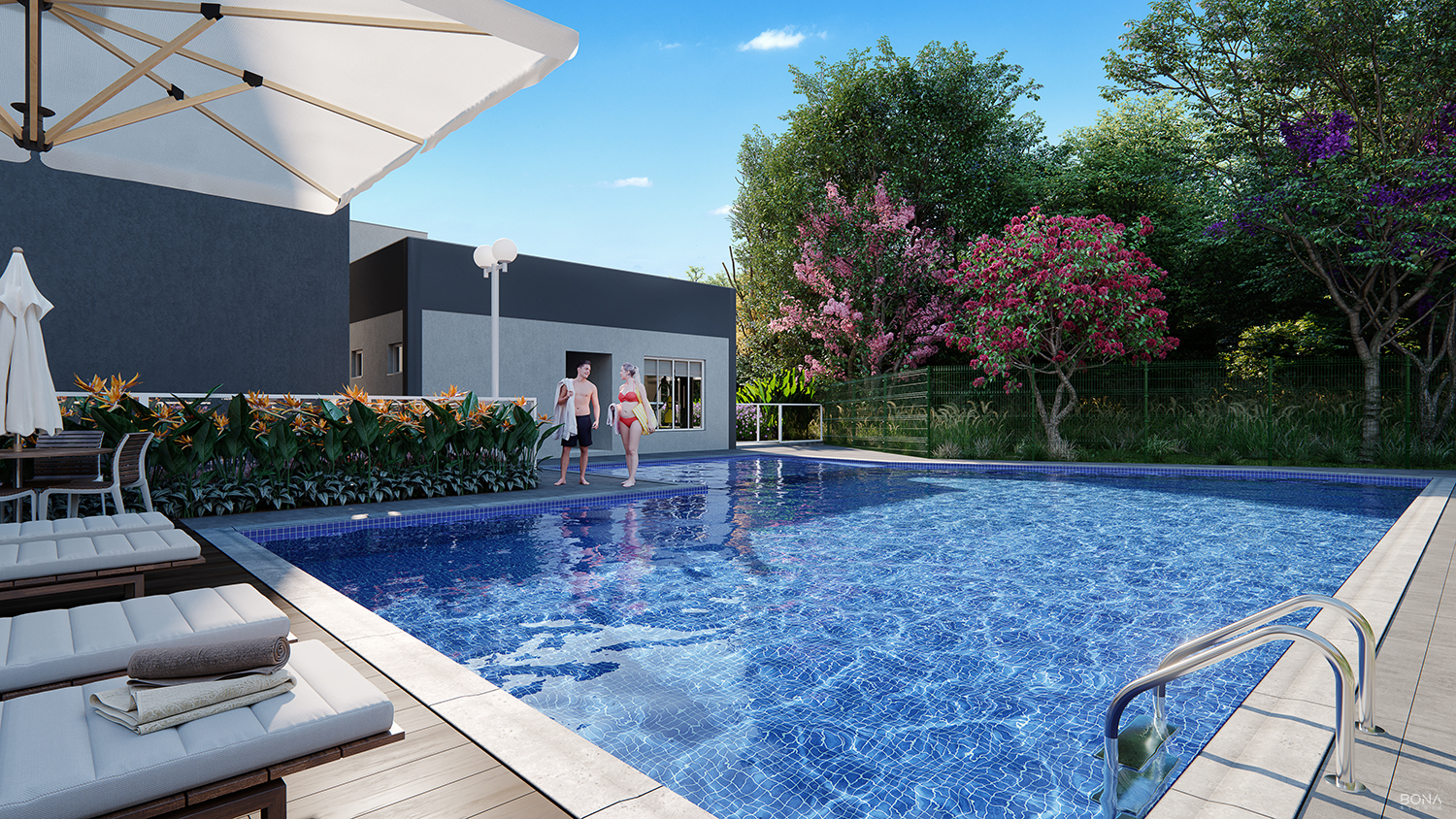 Piscina adulto e infantil com solarium