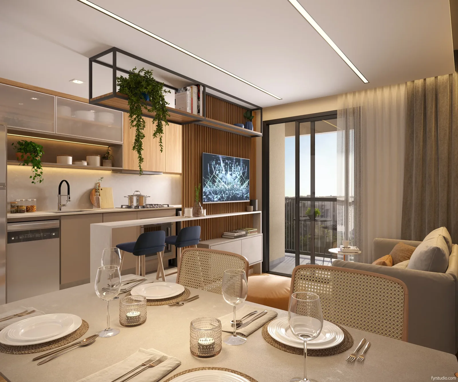 Living integrado do 2 quartos decorado