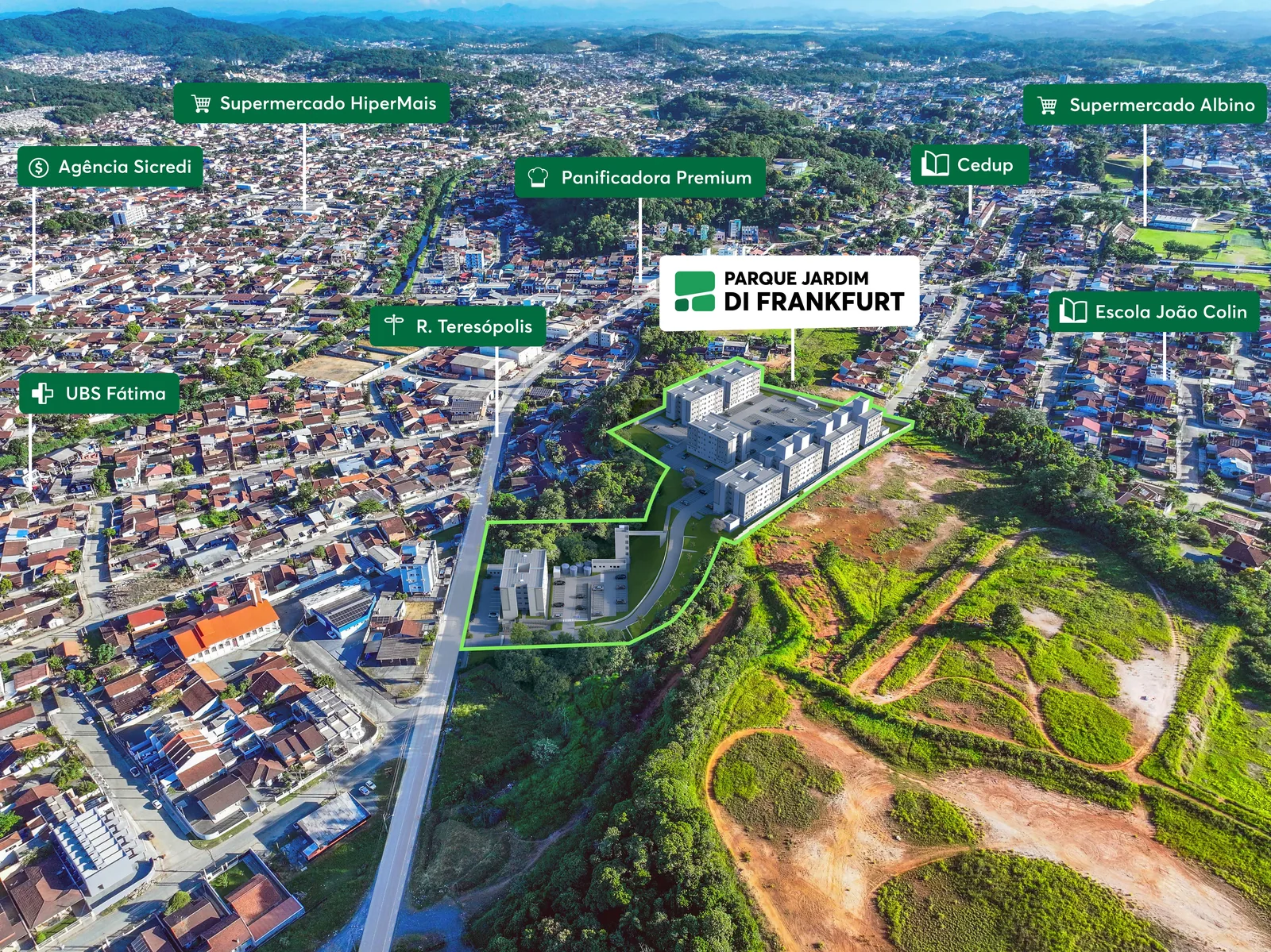 Vista aérea do terreno com implantação das torres