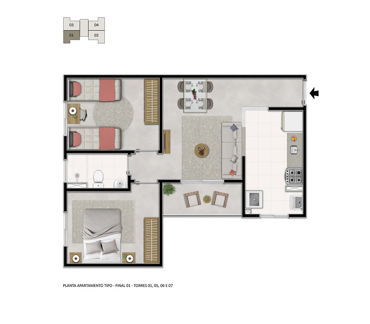 Planta Apartamento tipo — torres 1, 5, 6 e 7